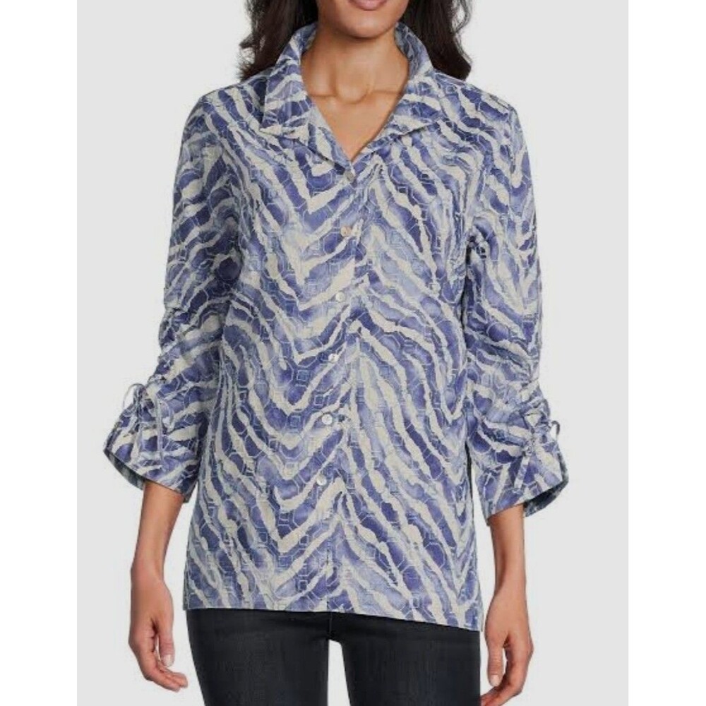 John Mark Blue Zebra Print Button Up Down Linen Shirt Womens Size 3X Embroidery